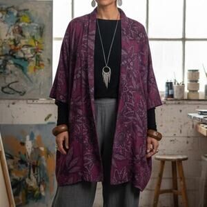 Bryn Walker Maroon Floral Knit Topper Kimono Coat Large